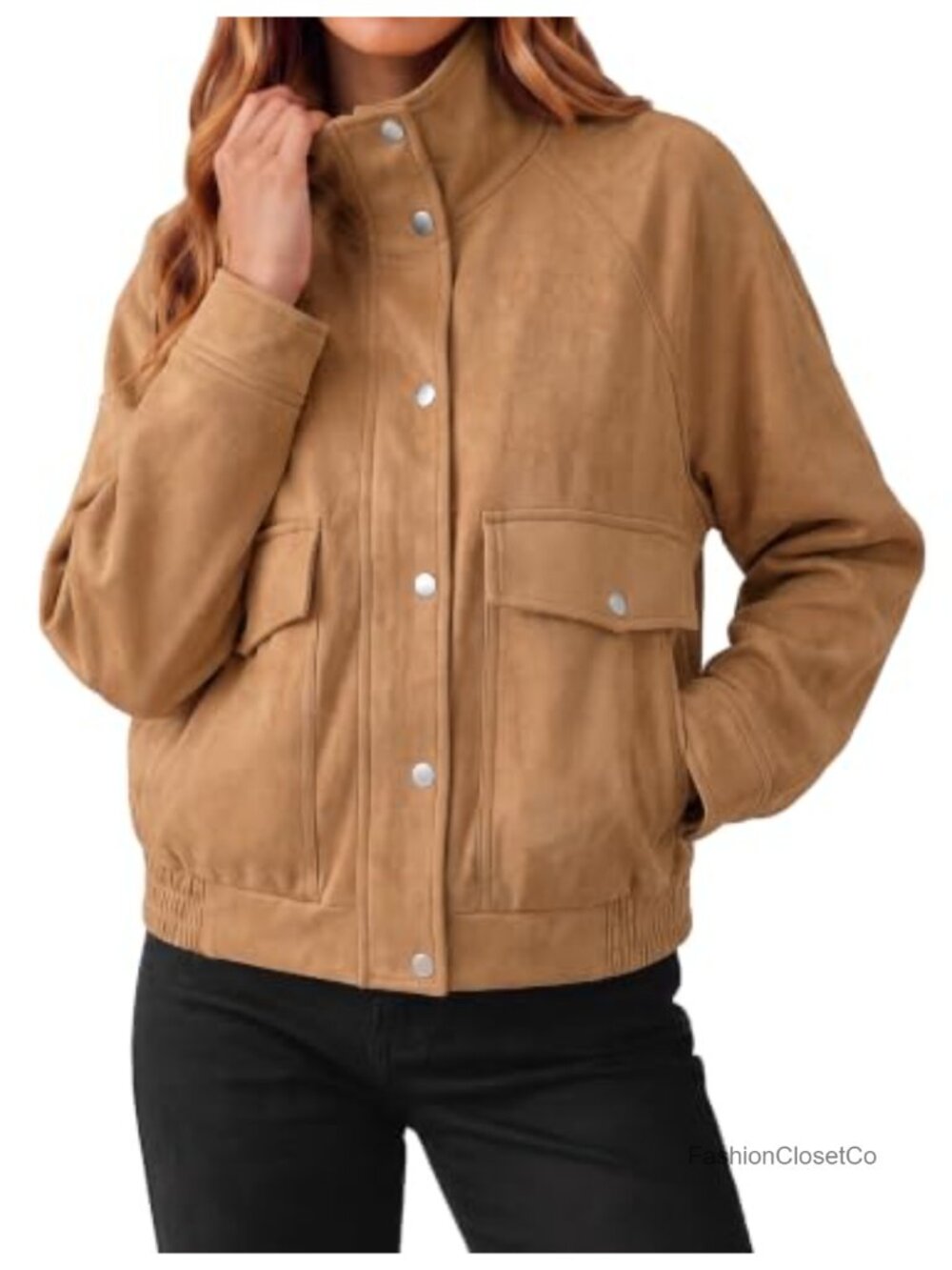 Faux Suede Zip Up Bomber Jacket Womens Stand Collar Casual Coat